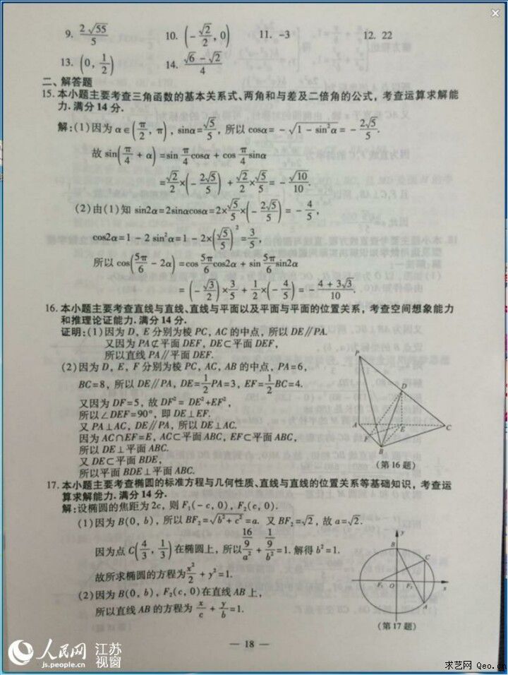 2014年江苏高考数学试题和试卷答案图片版